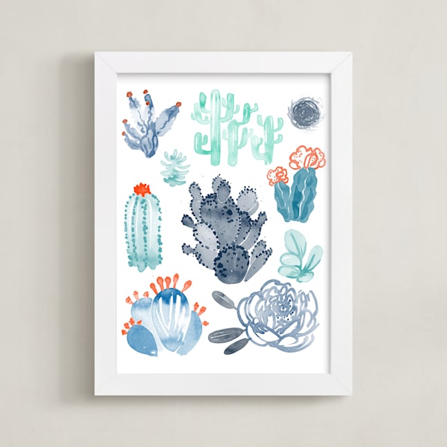 "Blue Summer Cacti" - Art Print in Azure Blue by Paper Raven Co. - Framed