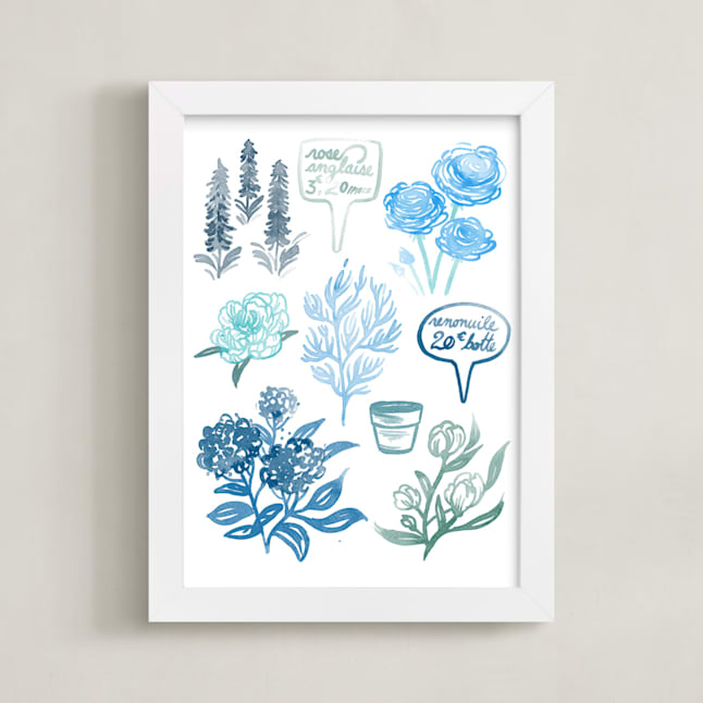 "Blue Watercolor French Flowers " - Art Print in Misty Blue by Paper Raven Co. - Framed
