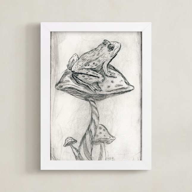 "Toad on Mushroom Monoprint" - Art Print in Charcoal by Marta Berk - Framed