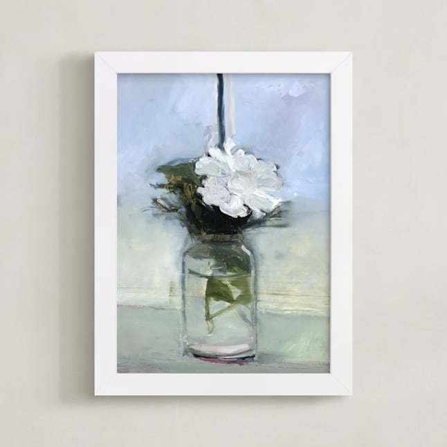 "Blue Stripe, White Flower" - Art Print in Steel Blue by Hadas Tal - Framed