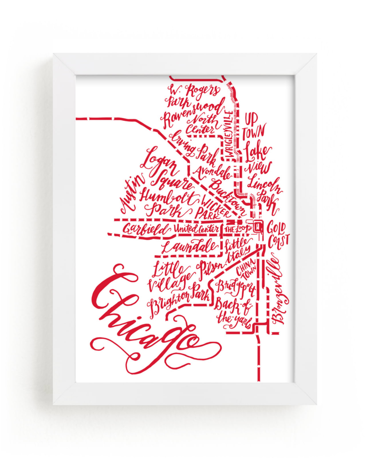 "Chicago Typographic Map" - Art Print by Pink House Press in beautiful frame options and a variety of sizes.