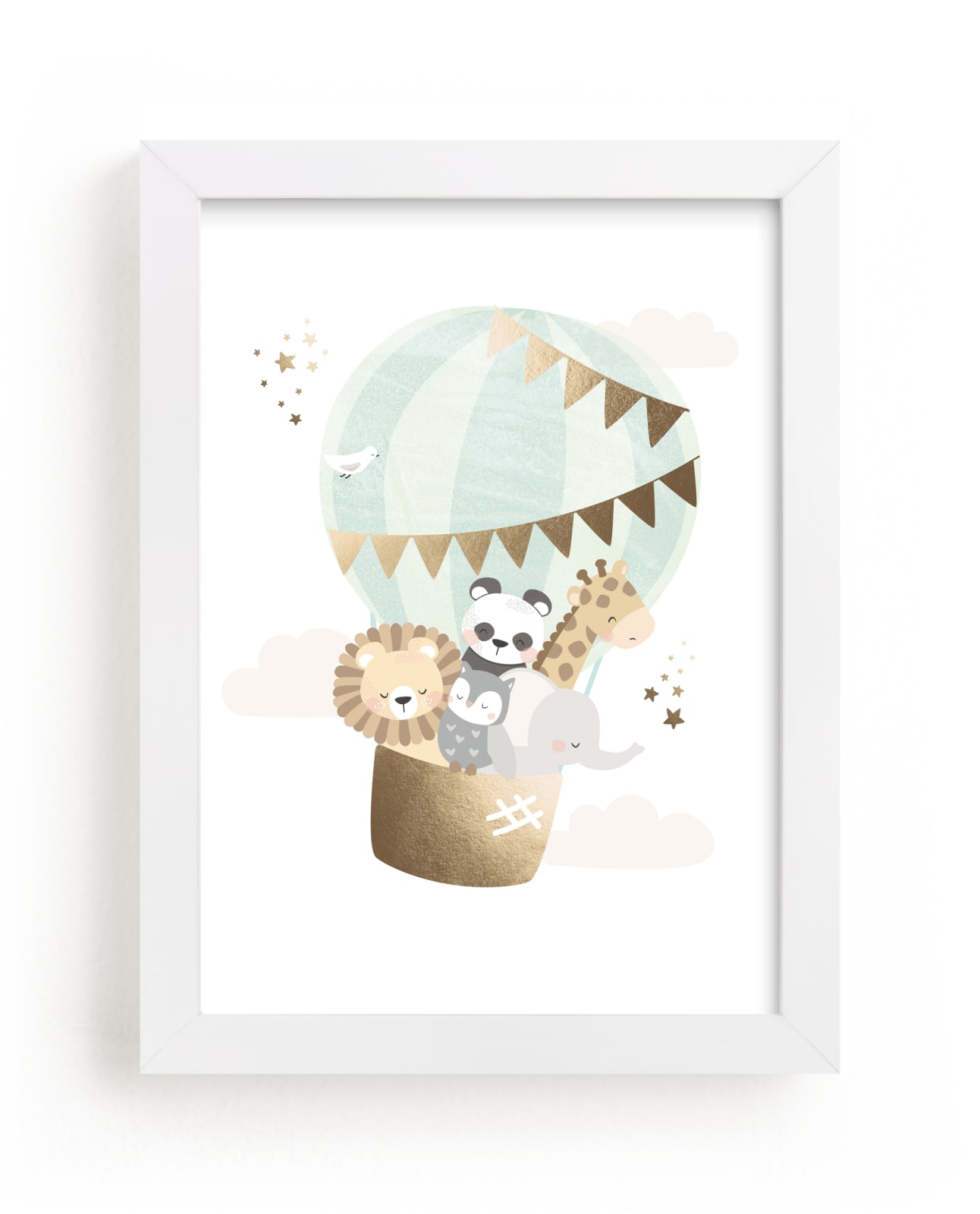 "baby animals balloon ride" - Art Print by peetie design in beautiful frame options and a variety of sizes.