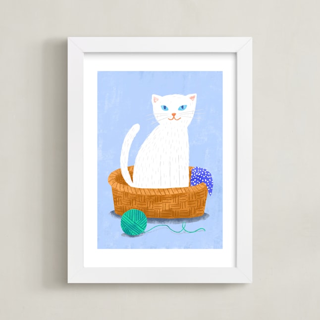 "White Cat in the Basket" - Art Print in White by Alf and Auguri - Framed