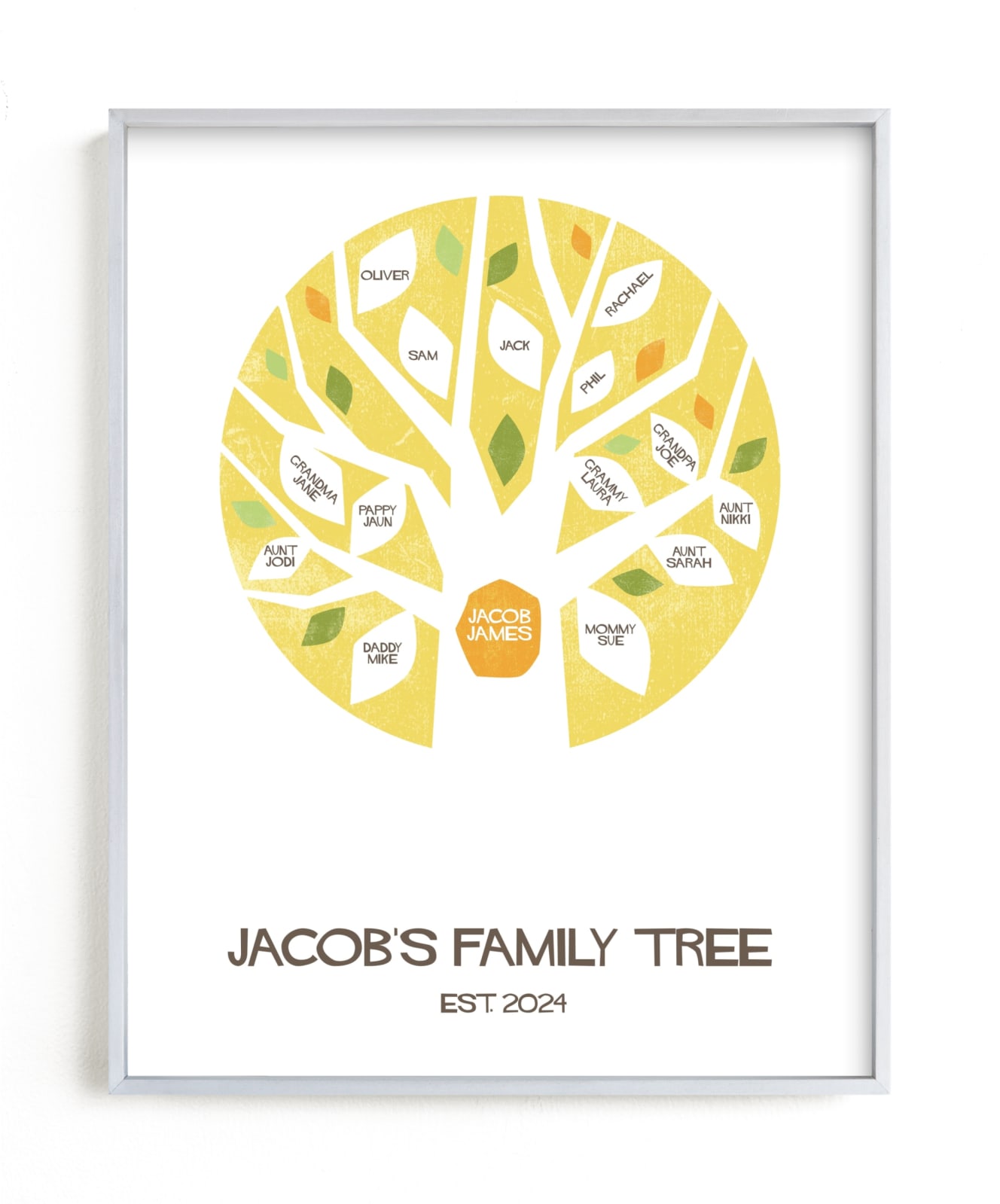 This is a yellow family tree art by Robin Ott called Jacob's Tree.