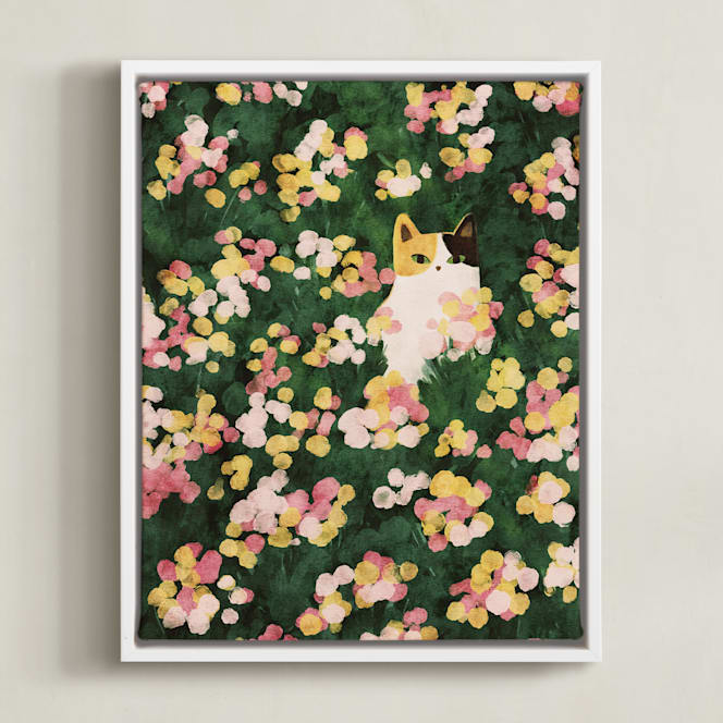 "Flower Meadow Cat" - Art Print in Daffodil Yellow by Sabrina Excene - Framed Canvas