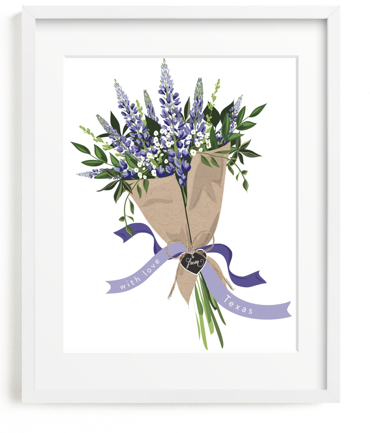 This is a white art by Susan Moyal called Texas Bluebonnet Bouquet.