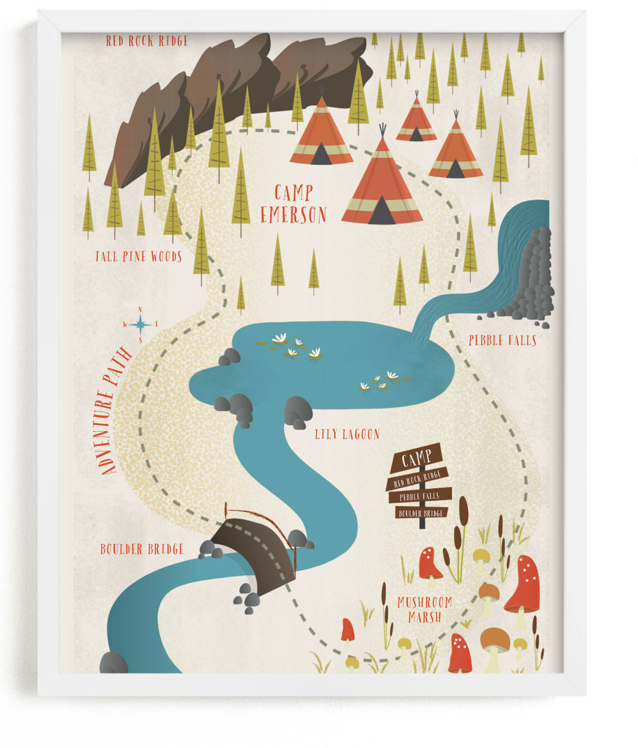 This is a colorful, red personalized art for kid by Grace Kreinbrink called Adventure Map.
