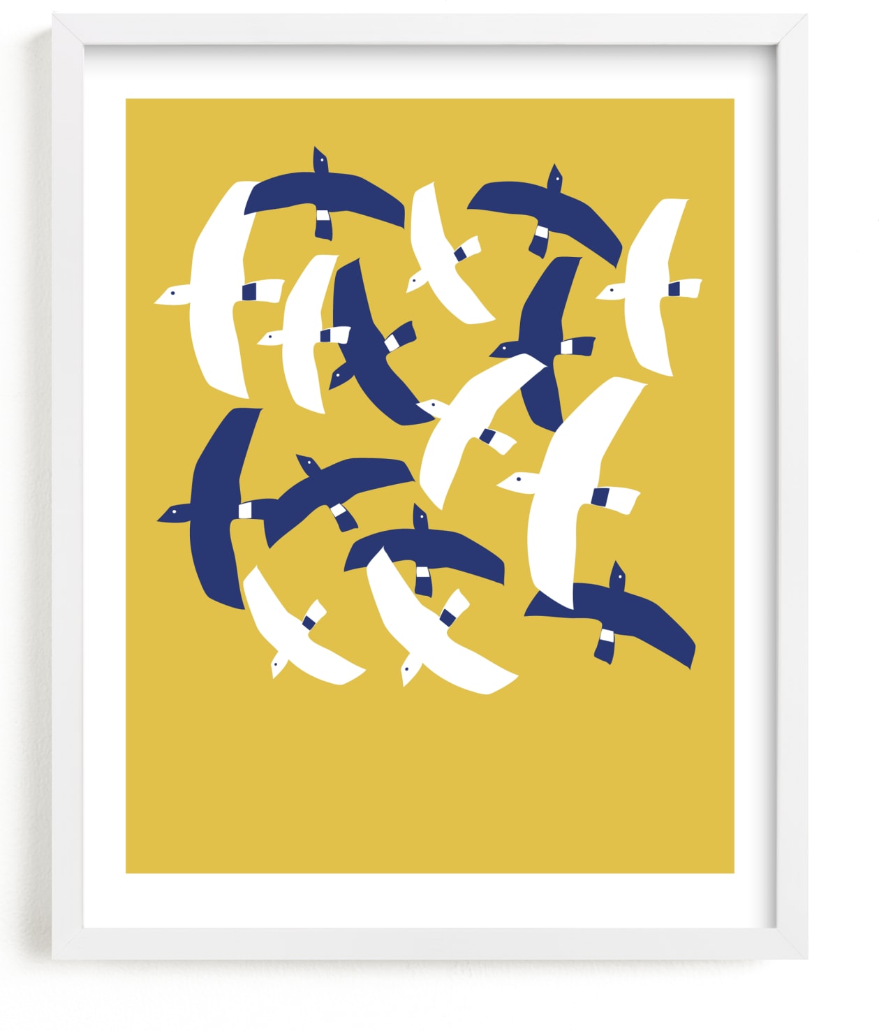 This is a yellow kids wall art by Jenna Skead called Fiep's Flock.