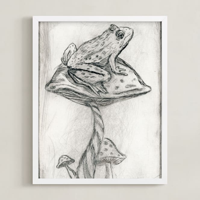 "Toad on Mushroom Monoprint" - Art Print in Charcoal by Marta Berk - Framed