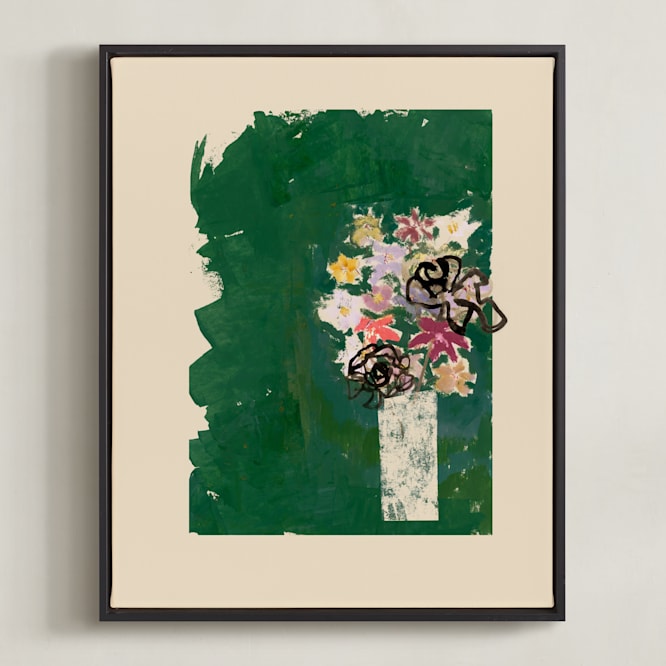"Bouquet against painted green background" - Art Print in Green Bouquet by Bethania Lima - Framed Canvas