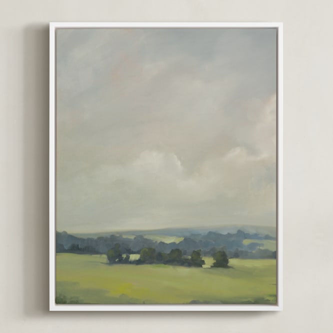 "Rosy Tomorrow I" - Art Print in Grey Blue by Stephanie Goos Johnson - Framed Canvas