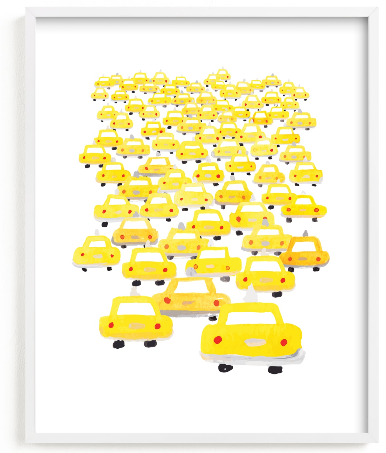 This is a white kids wall art by BernadetteSosa called Taxis in Traffic.