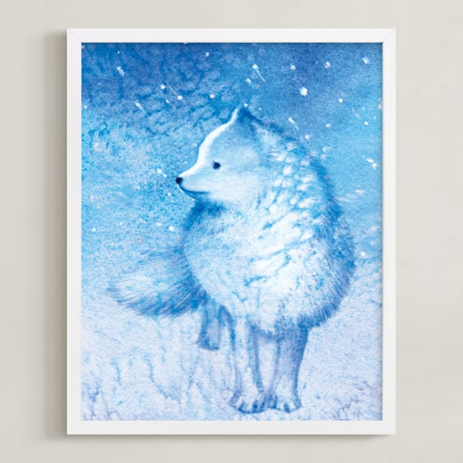 "Arctic Fox, Frosty Toes" - Art Print in Frost blue by Tracy Ann - Framed