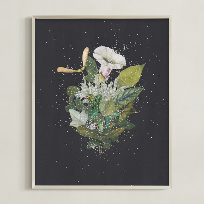 "Night Mint Blossom" - Art Print in velvet black by Jenny Brown - Framed