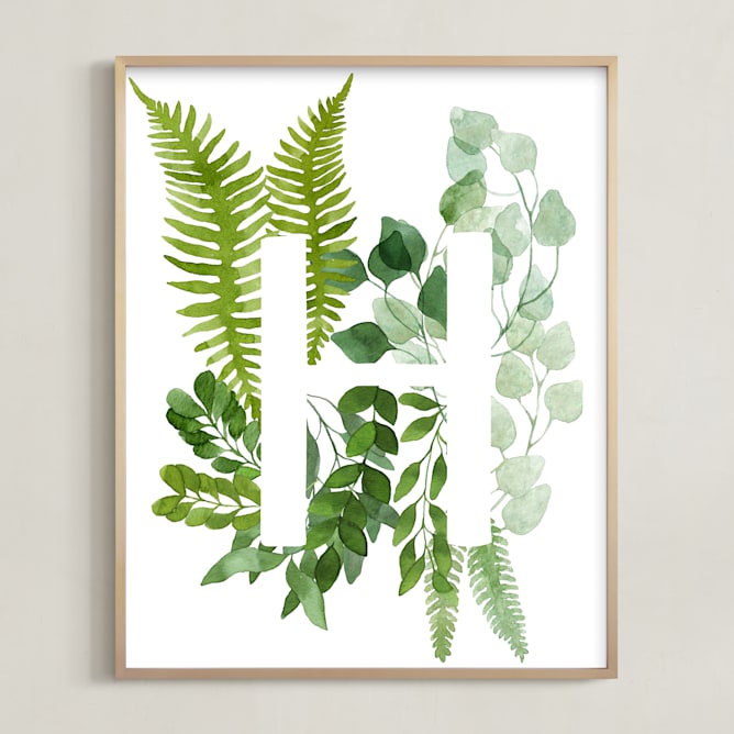 "Floral Monogram H" - Art Print in mint green by Helga Wigandt - Framed