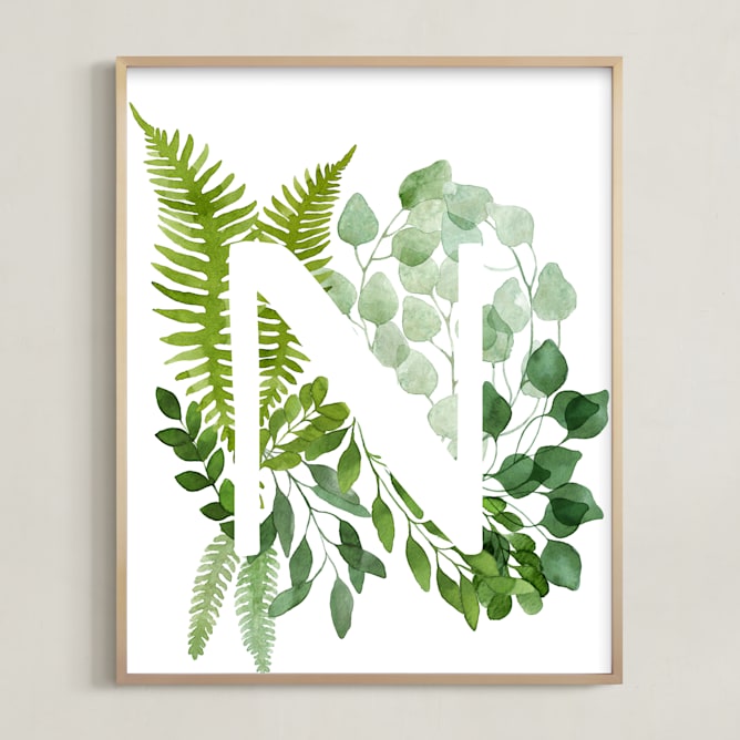 "Floral Monogram N" - Art Print in grass green by Helga Wigandt - Framed