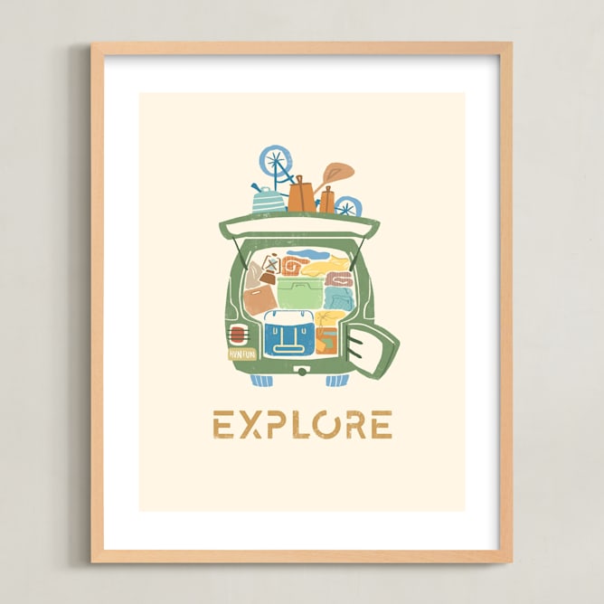 "All Packed and Ready to Explore" - Art Print in Pine by Kayla Buchner - Framed