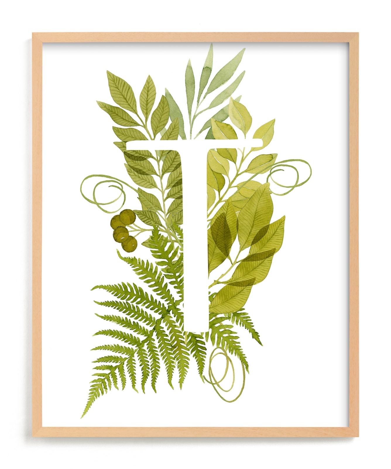 "Floral Monogram with Fern. Letter T" - Art Print by Helga Wigandt in beautiful frame options and a variety of sizes.