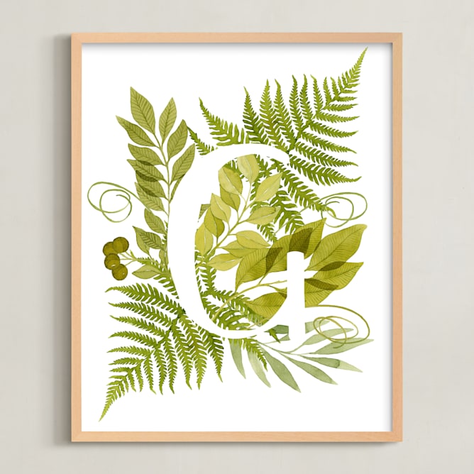 "Floral Monogram with Fern. Letter G" - Art Print in green by Helga Wigandt - Framed