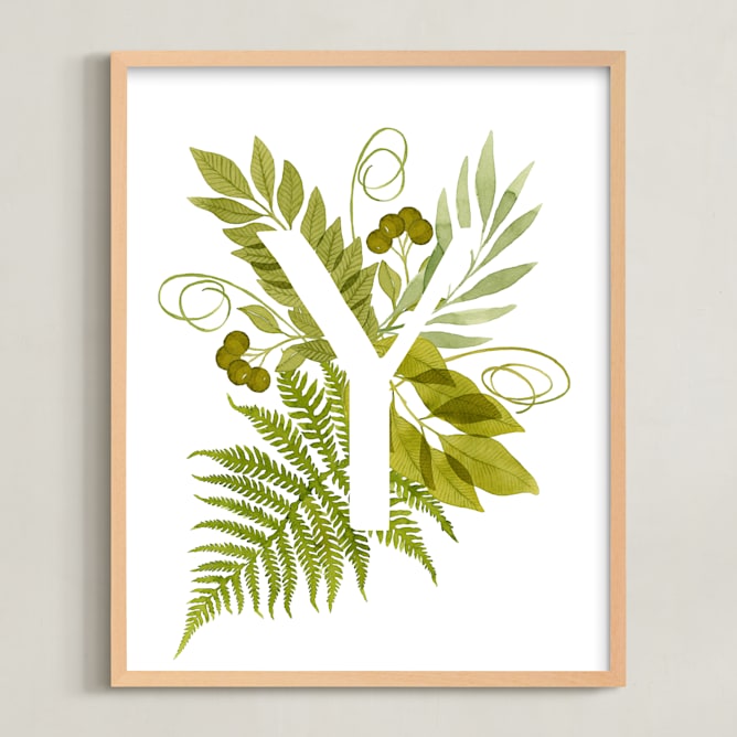 "Floral Monogram with Fern. Letter Y" - Art Print in Pistachio Green by Helga Wigandt - Framed