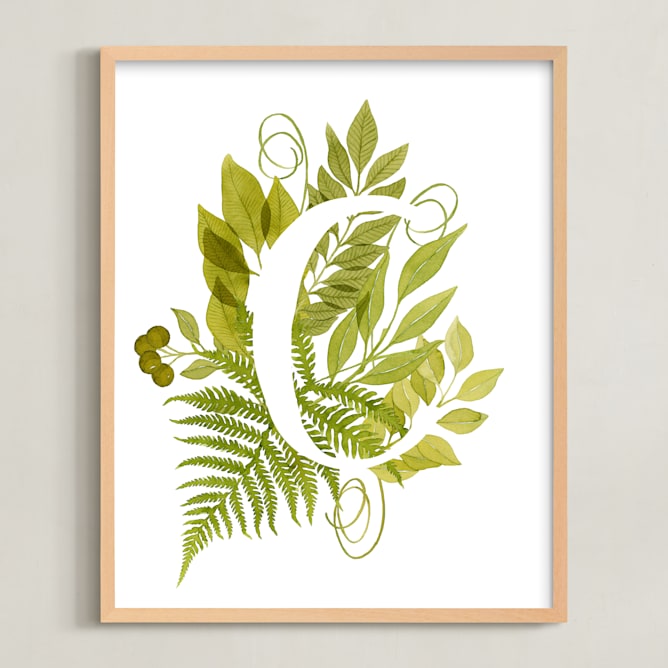 "Floral Monogram with Fern. Letter C" - Art Print in grass green by Helga Wigandt - Framed