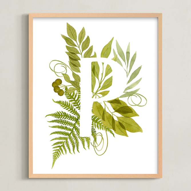 "Floral Monogram with Fern. Letter P" - Art Print in grass green by Helga Wigandt - Framed