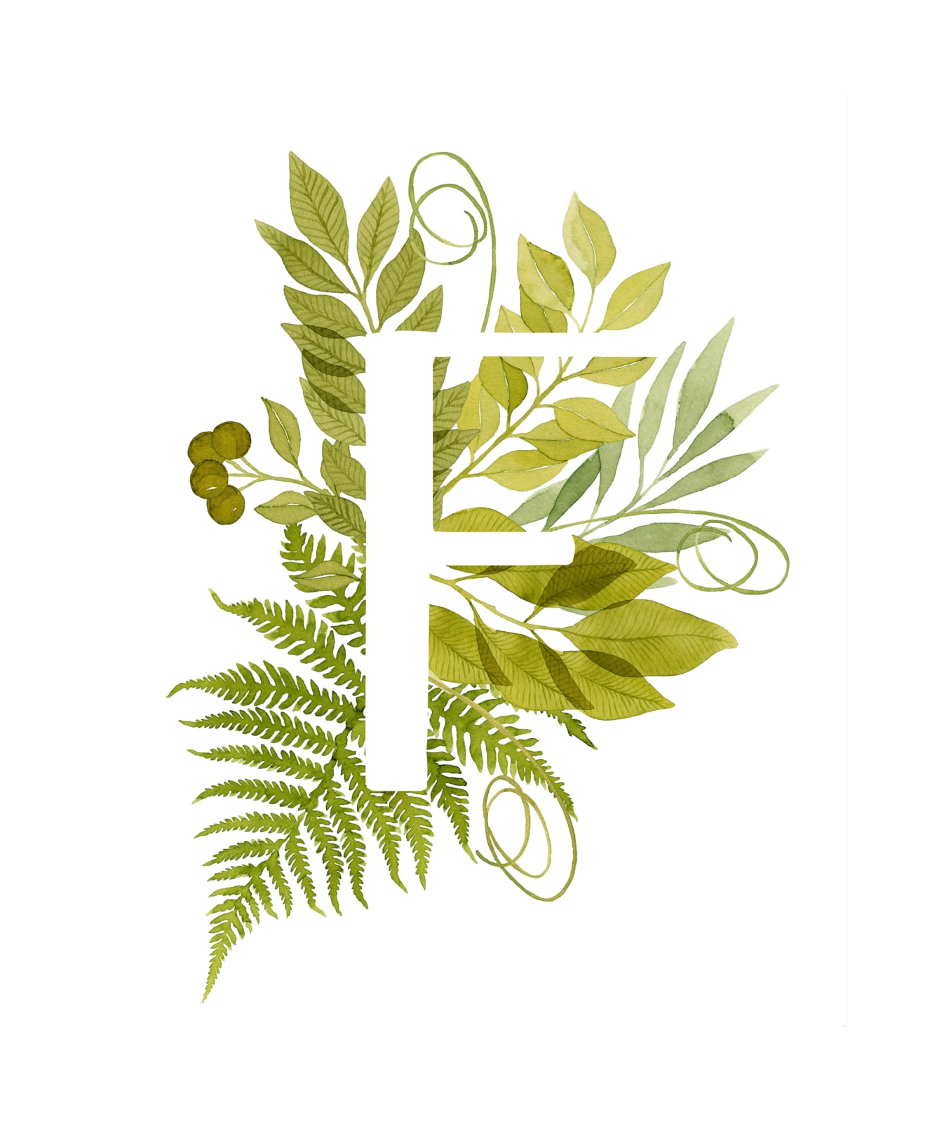 "Floral Monogram with Fern. Letter F" by Helga Wigandt in beautiful frame options and a variety of sizes.