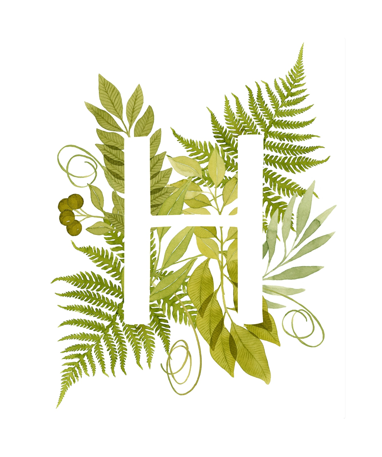 "Floral Monogram with Fern. Letter H" by Helga Wigandt in beautiful frame options and a variety of sizes.