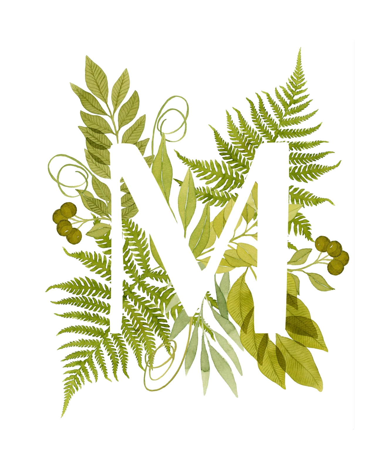 "Floral Monogram with Fern. Letter M" by Helga Wigandt in beautiful frame options and a variety of sizes.
