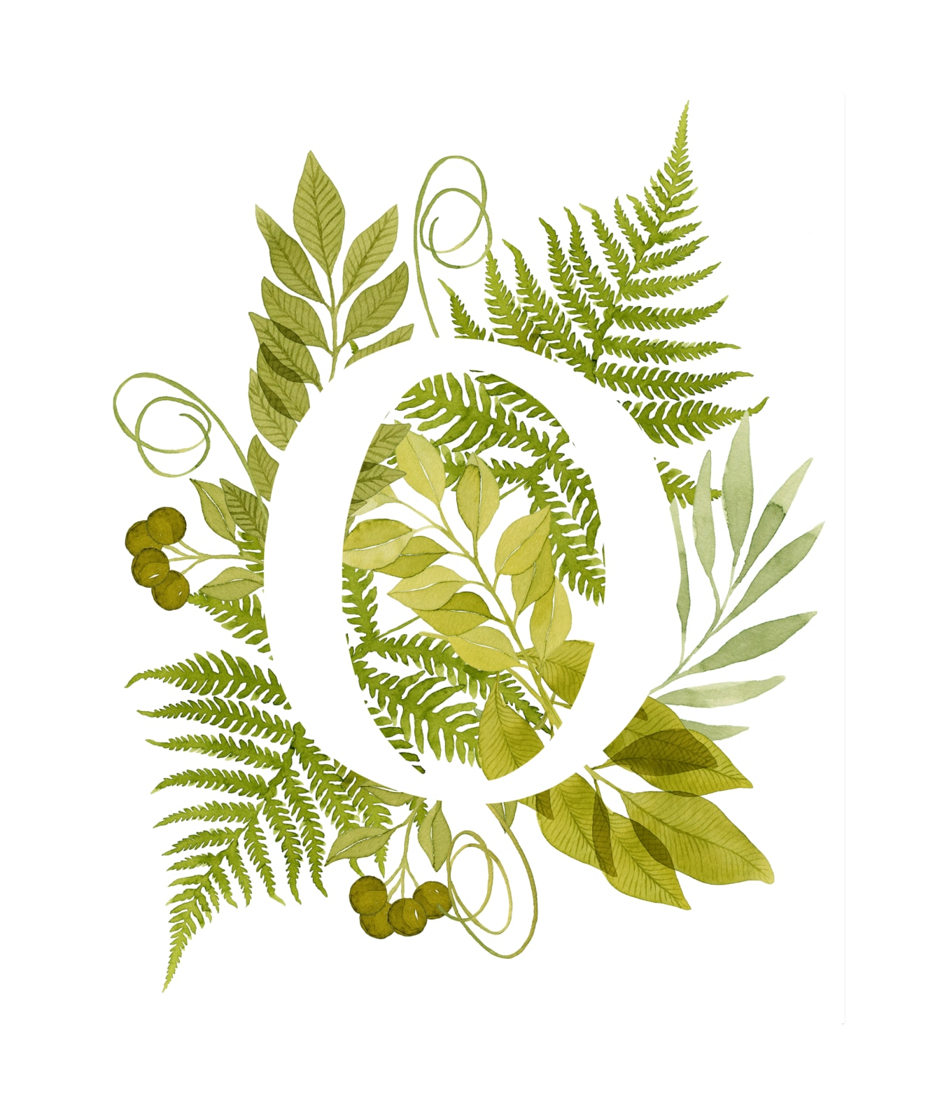 "Floral Monogram with Fern. Letter O" by Helga Wigandt in beautiful frame options and a variety of sizes.
