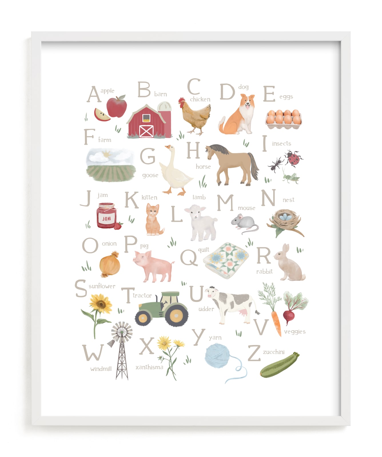 "Fun Alphabet Farm" - Art Print by Melinda Denison in beautiful frame options and a variety of sizes.