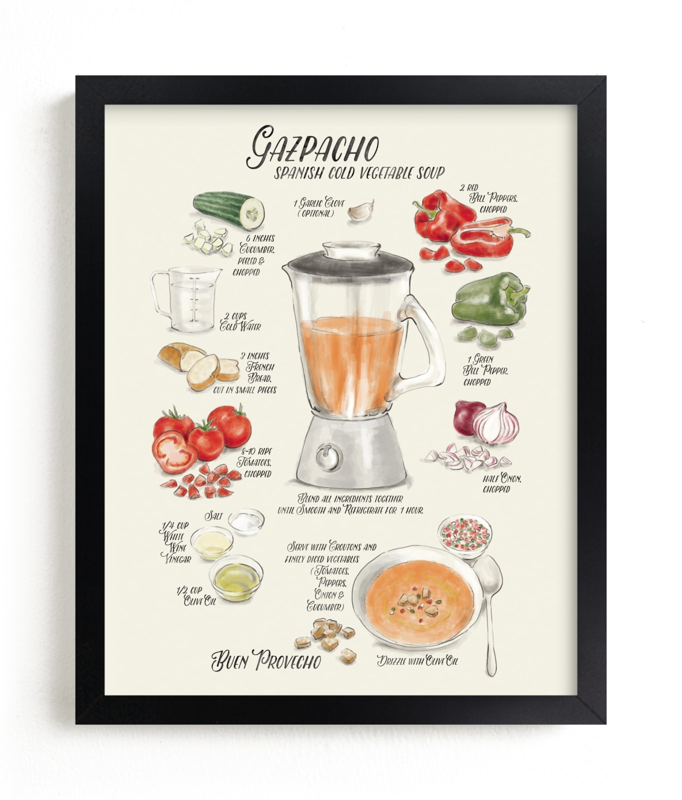 "Illustrated recipe of gazpacho" - Art Print by Rosana Laiz Blursbyai in beautiful frame options and a variety of sizes.