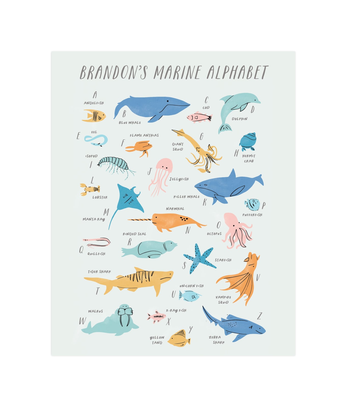 "Sea life alphabet" - Personalized Art Print in Sea foam by Creo Study - Unframed