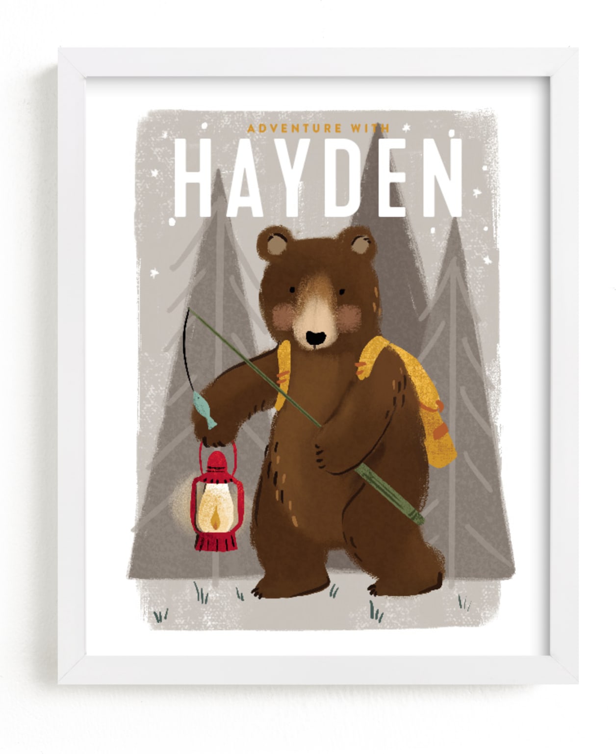 This is a brown personalized art for kid by Rebecca Durflinger called Adventure bear.
