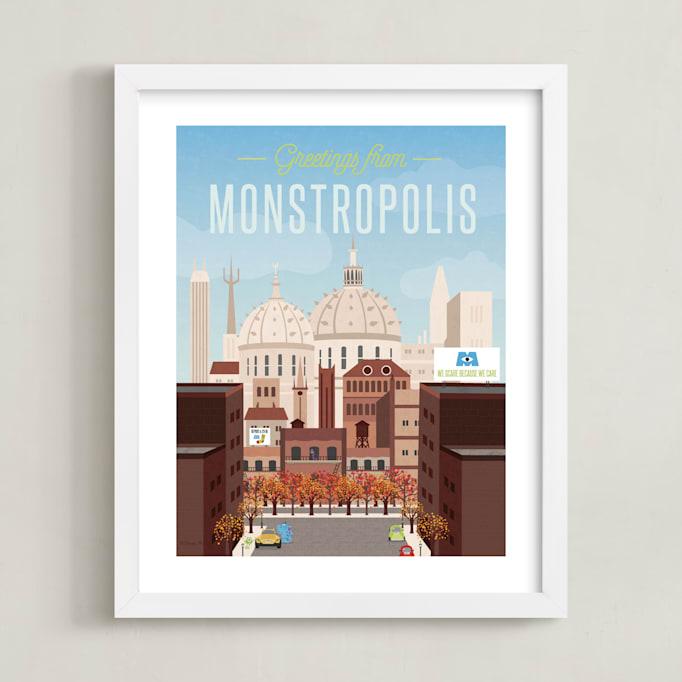 "Greetings from Monstropolis" - Art Print in Sky Blue by Erica Krystek - Framed