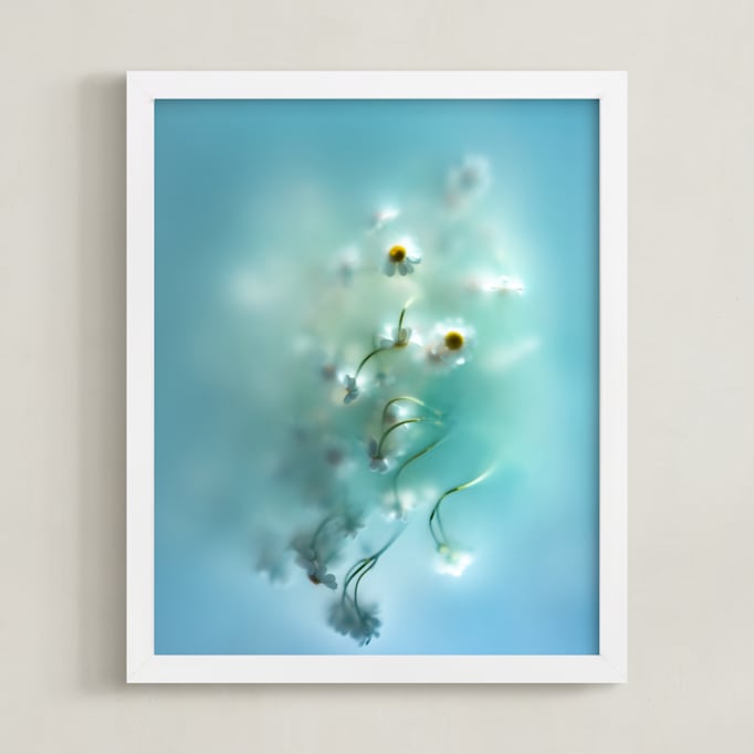 "Daisies in aqua" - Art Print in Capri Blue by Aralyn Griesbach - Framed