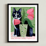 "Tuxedo Cat Barry with Pink Tulips" - Art Print in Dusty Green by Susan Black - Framed