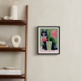 "Tuxedo Cat Barry with Pink Tulips" - Art Print in Dusty Green by Susan Black - In a Room