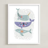 "Folk Whales" - Art Print in Mint by Hannah Williams - Framed