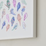 "Budgie Flock" - Art Print in Sherbet by Tishya Oedit - Frame Close-up
