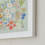 "Bunnies in the Garden" - Art Print in Seafoam Blue by Anne Lehman Stolpe - Frame Close-up