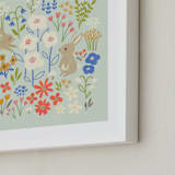 "Bunnies in the Garden" - Art Print in Seafoam Blue by Anne Lehman Stolpe - Frame Close-up