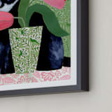 "Tuxedo Cat Barry with Pink Tulips" - Art Print in Dusty Green by Susan Black - Frame Close-up