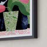 "Tuxedo Cat Barry with Pink Tulips" - Art Print in Dusty Green by Susan Black - Frame Close-up