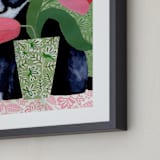 "Tuxedo Cat Barry with Pink Tulips" - Art Print in Dusty Green by Susan Black - Frame Close-up