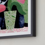 "Tuxedo Cat Barry with Pink Tulips" - Art Print in Dusty Green by Susan Black - Frame Close-up