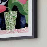 "Tuxedo Cat Barry with Pink Tulips" - Art Print in Dusty Green by Susan Black - Frame Close-up