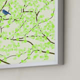 "Plum tree with Birds in Spring" - Art Print in Green Blossoms by Jorey Hurley - Frame Close-up