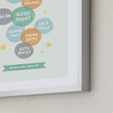 "Good Night World" - Personalized Art Print in Mint by Olivia Raufman - Frame Close-up