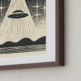 "UFO Encounters: Nostalgic Retro Woodcut" - Art Print in Galactic Gray by Roseanne Kenny - Frame Close-up